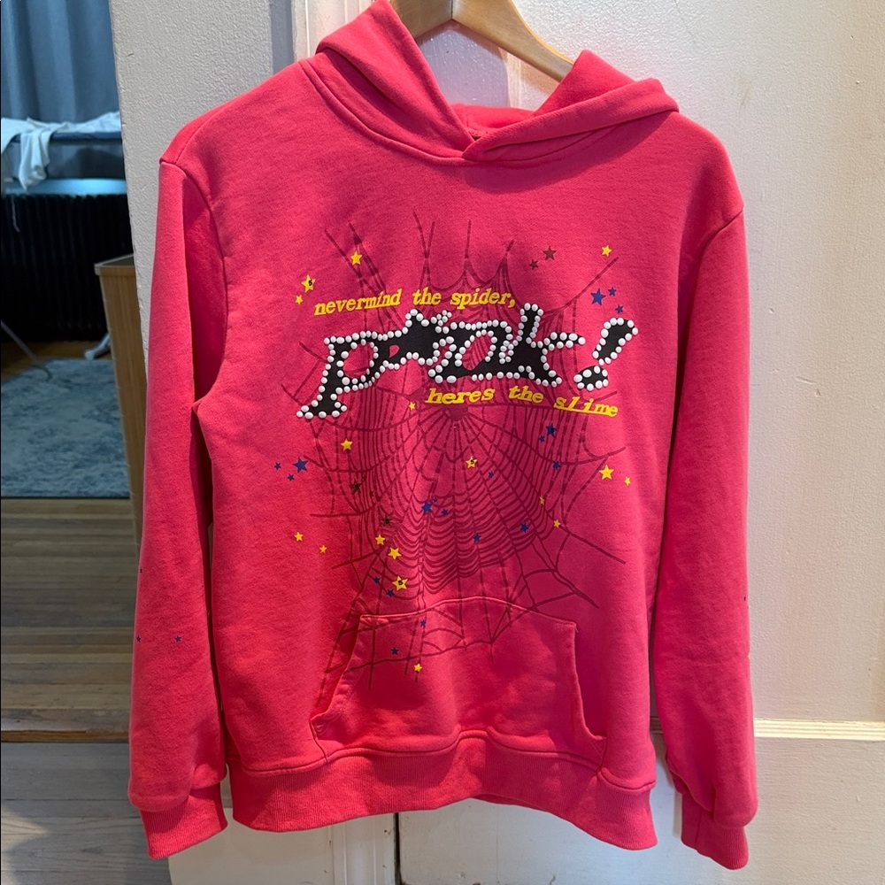 SP5R Pink Graphic Hoodie with Spider Web Design